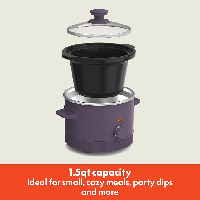 bella 1.5 Qt Slow Cooker with 3 Heat Manual Control, Ceramic Nonstick Coating, Dishwasher Safe Stoneware Pot and Tempered Glass Lid, Tangle Free Cord Wrap & Cool Touch Handles, Plum