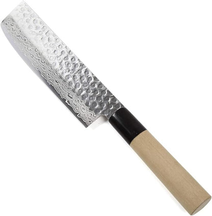 Japanese Vegetable Knife Hammered Damascus VG-10 46 Layer D-Shape Magnolia Wood Handle, Nakiri 6.3-inch (160mm)