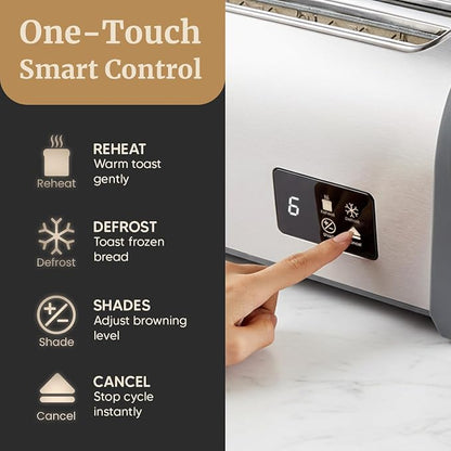 Elite Gourmet Digital Long Slot 4-Slice Toaster – Touch Screen LED Display, Extra Wide 1.5” Slots for Artisan & Bagel Bread, 6 Browning Levels, Defrost & Reheat, Stainless Steel Modern Design