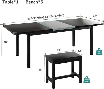 iPormis 7-Piece Extendable Dining Table Set with 6 Stools, 63" Kitchen Table Set for 4-8, Modern Dining Room Table with Sturdy Metal Frame, Space-Saving Dinette, Black