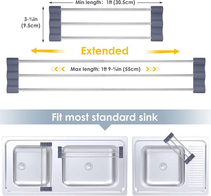 Tomorotec Adjustable Over-The-Sink Kitchen Rack for Dishcloths, Sponges, Bottles and Brushes - Heat-Resistant Stainless Steel with Slim, Expandable Design and Multifunctional Silicone Holder