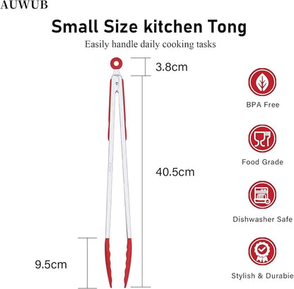 Salad Tongs, 16 Inch Silicone Food Tongs with 304 Stainless Steel Core & Non-Slip Grip in Red Color