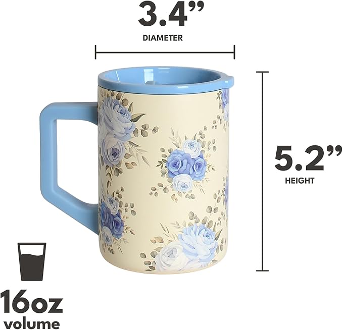 Elemental Insulated Coffee Mug - Triple-Wall Stainless Steel Summit Travel Cup for Hot and Cold Drinks - Thermal Coffee Mug with Lid and Handle for Camping, Office & Travel 16oz - Blue Blooms