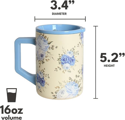 Elemental Insulated Coffee Mug - Triple-Wall Stainless Steel Summit Travel Cup for Hot and Cold Drinks - Thermal Coffee Mug with Lid and Handle for Camping, Office & Travel 16oz - Blue Blooms