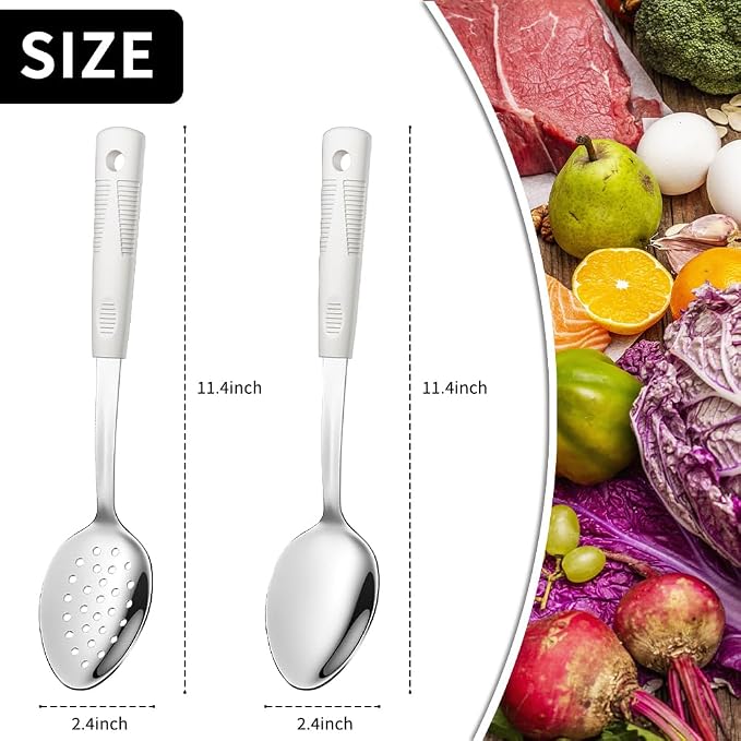 Metal Serving Spoons Set, Large Serving Spoons with Silicone Handles, Stainless Steel Serving Spoon, Slotted Spoon & Soup Ladle Set for Buffet and Home Kitchen (Beige)