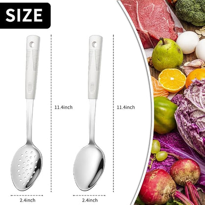 Metal Serving Spoons Set, Large Serving Spoons with Silicone Handles, Stainless Steel Serving Spoon, Slotted Spoon & Soup Ladle Set for Buffet and Home Kitchen (Beige)