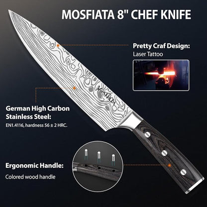 MOSFiATA 5 PCS Chef Knife Set, Kitchen Knife Set with Sharpener Rod | German High Carbon Stainless Steel ， 5PCS Blade Guard，Gift Box
