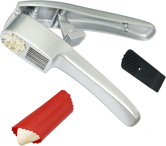 2-in-1 Professional Garlic Press and Peeler Set, Aluminium Press with Built-in Cleaner, Manual Crusher and Mincer for Unpeeled Garlic Cloves,Fast And Portable Garlic Peeler