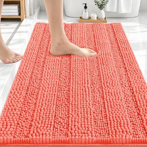 OLANLY Thick Bathroom Rugs 30x20, Soft Chenille Striped Bath Rugs, Coral