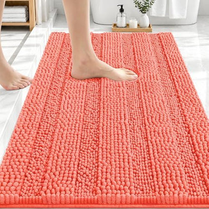 OLANLY Thick Bathroom Rugs 30x20, Soft Chenille Striped Bath Rugs, Coral