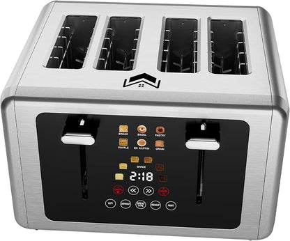 WUNLY 4 Slice Toaster,Touchscreen & Dual Independent Control Panel,5 Basic Functions & Digital Countdown Toasters,6 Shade Settings＆6 Bread Types,Smart Bread Maker Mute/Screen-Off, Stainless Steel