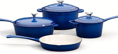 MAISON ARTS 7 Piece Enameled Cast Iron Cookware Set, Induction Dutch Oven Pot with Lid, Blue Non Toxic Pots and Pans set, PFOA-PFOS Free