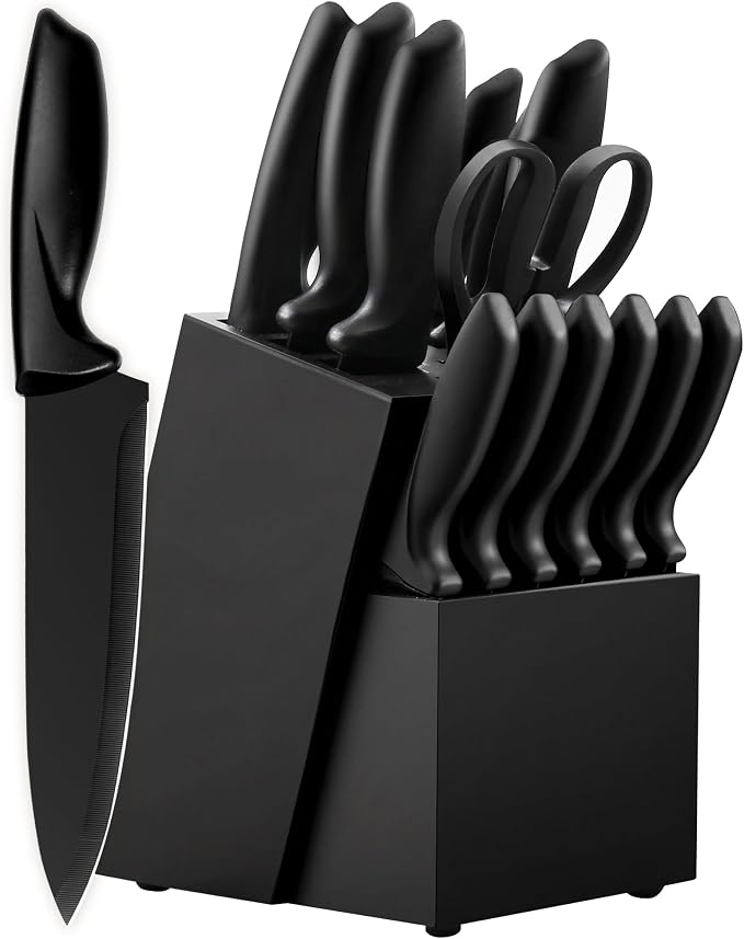 Knife Set, KroWallu 16 Pieces Knife Sets for Kitchen with Block, Dishwasher Safe Kitchen Knife Set with Built-in Sharpener, German Stainless Steel Black Knife Block Set