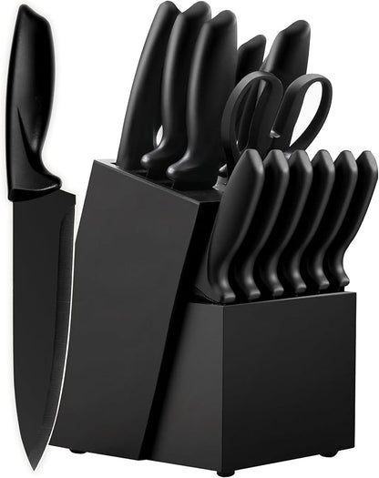 Knife Set, KroWallu 16 Pieces Knife Sets for Kitchen with Block, Dishwasher Safe Kitchen Knife Set with Built-in Sharpener, German Stainless Steel Black Knife Block Set