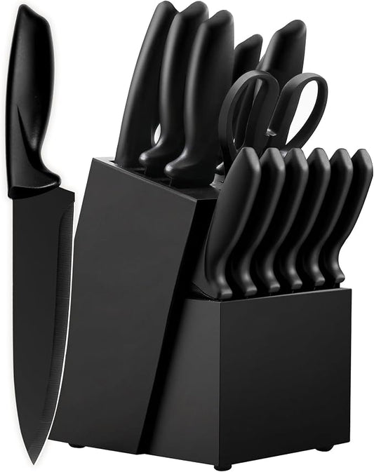 Knife Set, KroWallu 16 Pieces Knife Sets for Kitchen with Block, Dishwasher Safe Kitchen Knife Set with Built-in Sharpener, German Stainless Steel Black Knife Block Set