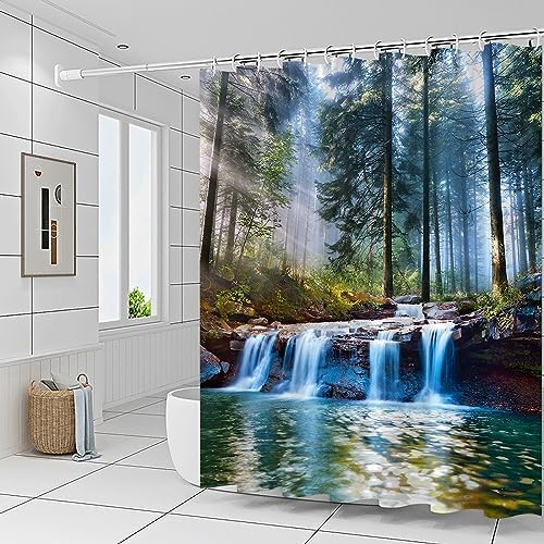 Waterfalls Shower Curtains Outdoor Natural Scenery Forest Sunshine Tree Plant Landscape Courtyard Bathroom Decor Polyester Fabric Curtain Set 60 x 70 Inch with Hooks