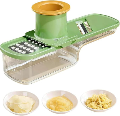 New Mini Garlic Slicer: 3 in 1 Multi-Functional Mandoline Slicer, Garlic Ginger Grinder & Veggie Shredder with Container and Hand Guard