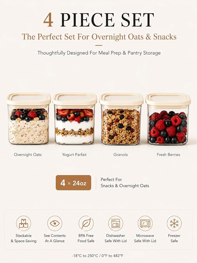 4pcs Small Square Glass Food Storage Containers Set with Glass Lids 0.76Qt - Stackable Kitchen Canisters Sets for Nuts, Overnight Oast, Snacks | 24floz Glass Pantry Storage Jars