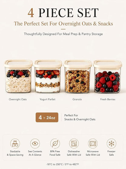 4pcs Small Square Glass Food Storage Containers Set with Glass Lids 0.76Qt - Stackable Kitchen Canisters Sets for Nuts, Overnight Oast, Snacks | 24floz Glass Pantry Storage Jars