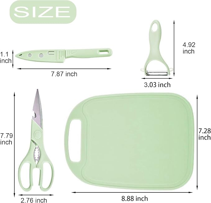 Magicorange Travel Cutting Board Set, 4 Pcs Portable Mini Camping Plastic Cutting Board Set & Stainless Steel Knife with Sheath, Fruits & Vegetable Peeler Scissors (Green)