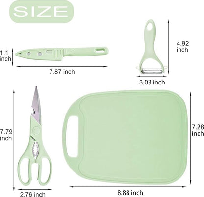Magicorange Travel Cutting Board Set, 4 Pcs Portable Mini Camping Plastic Cutting Board Set & Stainless Steel Knife with Sheath, Fruits & Vegetable Peeler Scissors (Green)