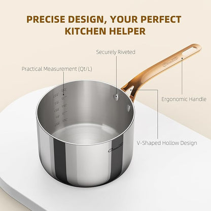 Ciwete 3 Quart Sauce Pan with Lid, Upgraded Tri-Ply Stainless Steel Saucepan with Mirror Polishing and 2 Scales, Induction Ready Cooking Pot with Stay-Cool Brass Handle, Dishwasher & Oven Safe
