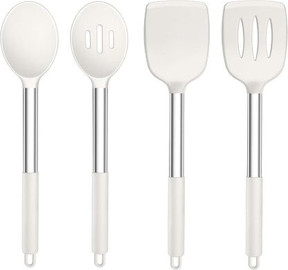 TeamFar Kitchen Utensils, 4 PCS Silicone Cooking Utensils with Stainless Steel Handle, for Nonstick Cookware Frying/Flipping/Draining, Non-toxic & Heat-proof, Non-scratch & Dishwasher Safe
