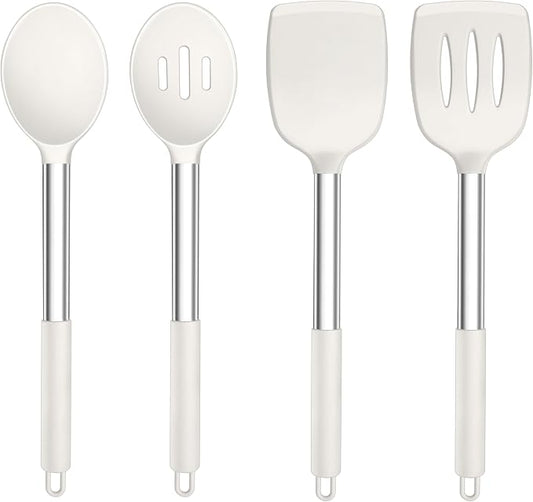 TeamFar Kitchen Utensils, 4 PCS Silicone Cooking Utensils with Stainless Steel Handle, for Nonstick Cookware Frying/Flipping/Draining, Non-toxic & Heat-proof, Non-scratch & Dishwasher Safe