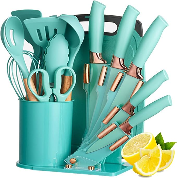 19 Pieces Kitchen Cooking Utensils and Knife Set with Holder Block, Include 11 Pcs Silicone Cooking Utensils 5 Pcs Sharp Stainless Steel Knives Scissors Whisk Tongs and Cutting Board (Deep Green)