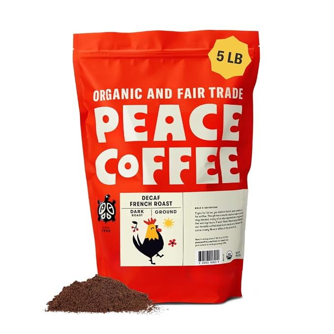 Peace Coffee Decaf French Roast, Ground Dark Roast Coffee, 5 lb, Organic Fair Trade, Nutty, Bold Flavor, Shade Grown, Fresh Roasted