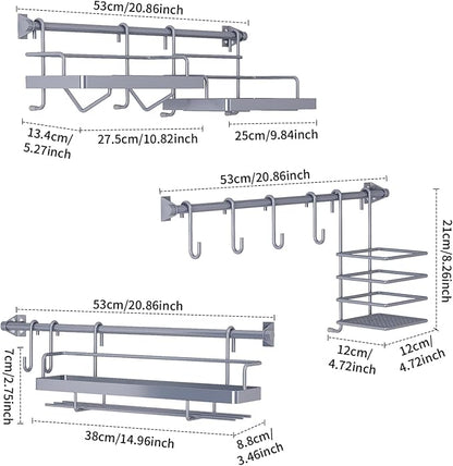 Kitchen Utensil Hanger & Spice Rack with Towel Rack Holder, 3 Sets Space-Saving Kitchen Wall Mount Shelf Storage Organizer with Hooks for Pantry, Countertop, Bathroom