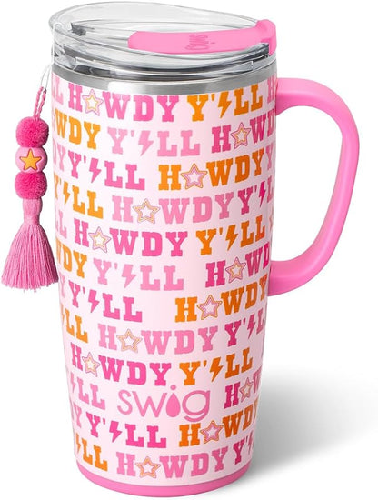 Swig Life 22oz Travel Mug, Insulated Tumbler with Handle and Lid, Cup Holder Friendly, Dishwasher Safe, Stainless Steel, Travel Coffee Cup, Insulated Mug with Lid (Howdy Yall)