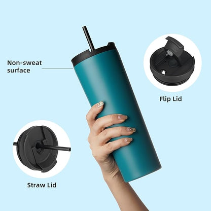 Konokyo 34 OZ Insulated Tumbler with Lid and 2 Straws Stainless Steel Water Bottle Vacuum Travel Mug Coffee Cup,Blue