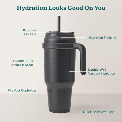 REDUCE 50 oz Stainless Steel Tumbler with Handle - Dual-Wall Vacuum Insulated Travel Mug, Sweat-Proof Lid & Reusable Straw - Keeps Drinks Cold for 24 Hrs, Fits Cupholders, Dishwasher Safe - Black