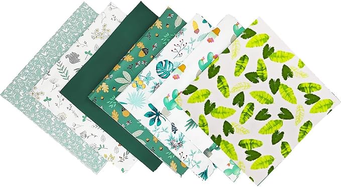 7 pcs/lot Fabric Bundles Top Cotton 19.69" x 19.69" (50cm x 50cm) Quilt, Pre-Cut Squares Sheets for Patchwork Sewing Quilting Crafting, Green Floral.