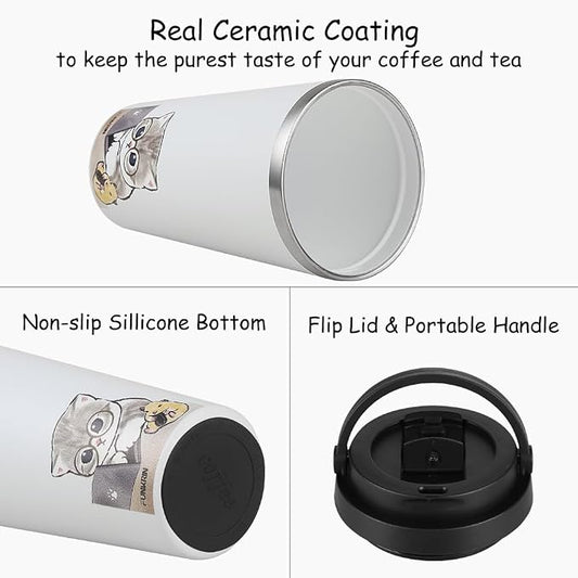 Funkrin Coffee Travel Mug with Flip Lid, 16oz Insulated Tumbler Cup with Ceramic Coating, Double Wall Vacuum Leak-Proof Tumbler for Office School Party Camping