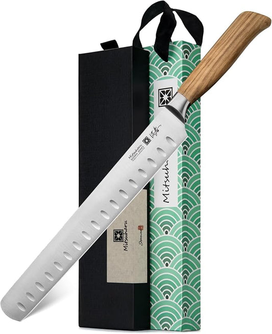 Mitsuharu 10.75" Slicing Knife, SHOMAN Series Brisket Knife for Meat Cutting with Ergonomic Olive Wood Handle, German Steel Meat Carving Knife for BBQ Brisket Turkey Ribs Roast Beef with Case