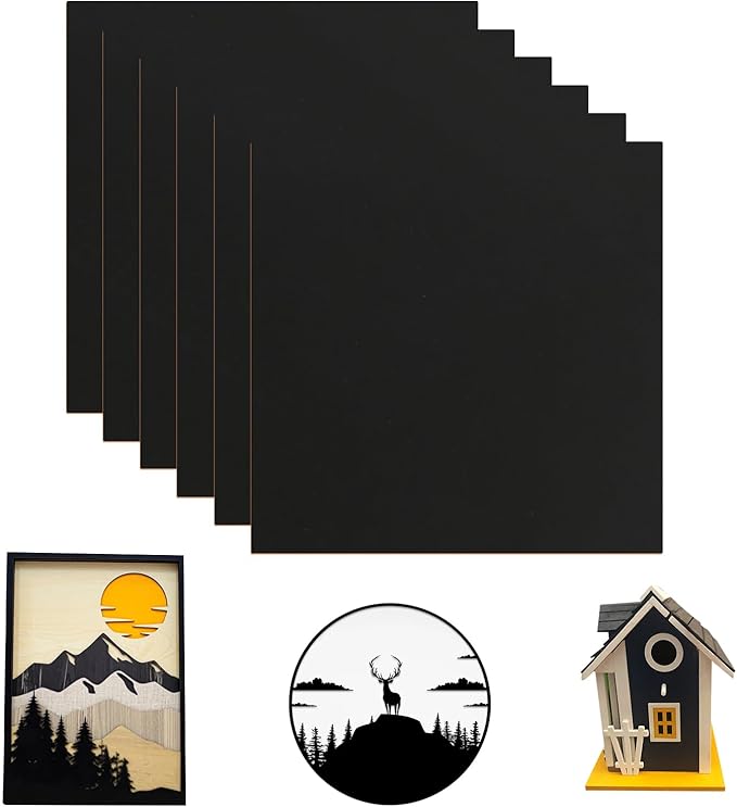 6 Pack Colored MDF Boards for Laser Engraving, 12x12x1/8 (3mm) Unfinished Fiberboard for Laser Cutting, DIY Craft Projects, Home Decor, Sign Making, Woodworking (Black)
