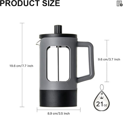 YOLIFE French Press Coffee Maker, 21 oz Small Coffee Tea Press with Heat-resistant Borosilicate Glass, 4-Level Filtration Systems, Portable Coffee Pot for Camping Travel Gifts, Grey and Black