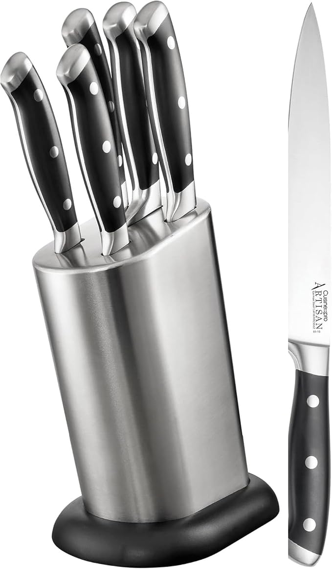 Cuisine::pro Artisan Stahl Knife Block Set, 6 Piece - German Stainless Steel Kitchen Knives, Full Tang Triple Riveted