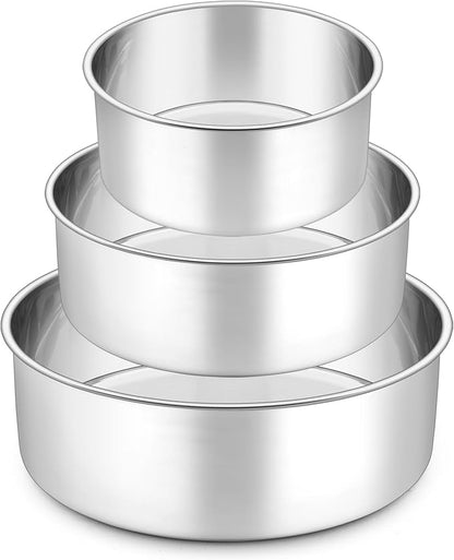 P&P CHEF 6 + 8 + 9.5 Inch Cake Pans Set, Round Baking Pan Stainless Steel Layer Birthday Wedding Cake Oven Pans, Non Toxic & Heavy Duty, Deep Side & Mirror Finish, Dishwasher Safe, (3Pcs)