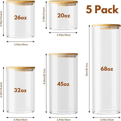 OneDream Glass Container - 5 Pack MultiSize Glass Jars with Bamboo Lid, Bamboo Lid Storage Jar Canister for Coffee Beans, Cereal, Pasta, Flour, Tea, Nuts, Candy, Salts and More