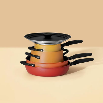 Meyer 6pc Stackable Set with Universal Lids | Hard Anodized Non Stick and Stainless Steel Pots and Pans | Induction Compatible | Dishwasher Safe | Oven Safe | Red, Orange, Yellow | Accent Cookware