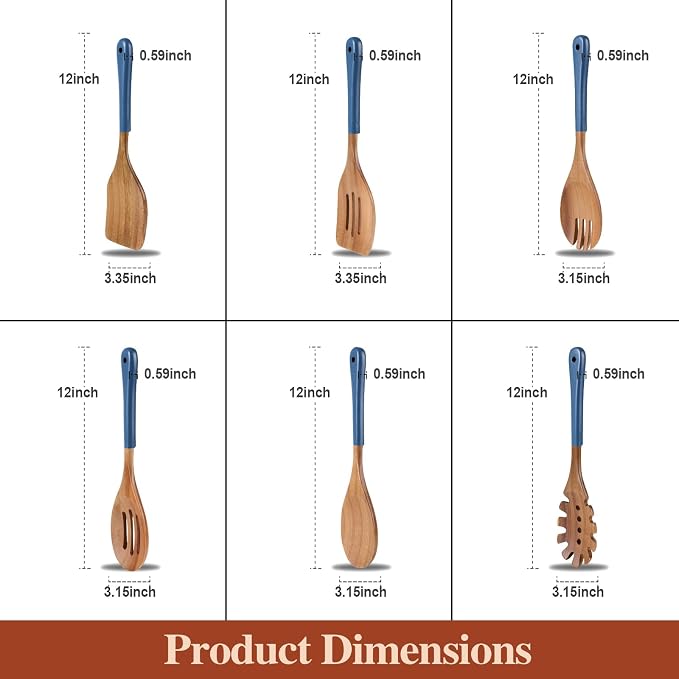 Wooden Spoons For Cooking, 6 PCS Natural Acacia Wooden Cooking Utensils, Non-Stick Wood Kitchen Utensil Set for Kitchen Essentials, Smooth Grip Wood Cooking Spoons with Hanging Hole, Blue