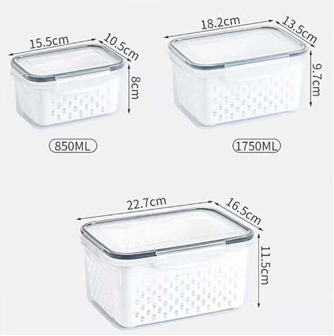 4-in-1 Food Storage Containers with Drain Basket – Leak-Proof Berry, Vegetable & Watermelon Containers for Fridge (Blue, 3PCS)