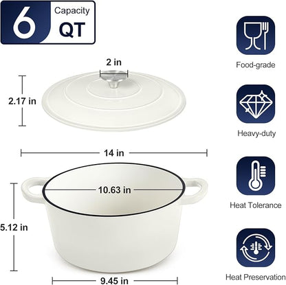 P&P CHEF 6QT Enameled Dutch Oven, Cast Iron Dutch Oven Pot with Lid for Bread Baking, Enameled Casserole Pot for Roasting Braising Stewing Frying Simmering, Various Stoves & Easy Clean, White