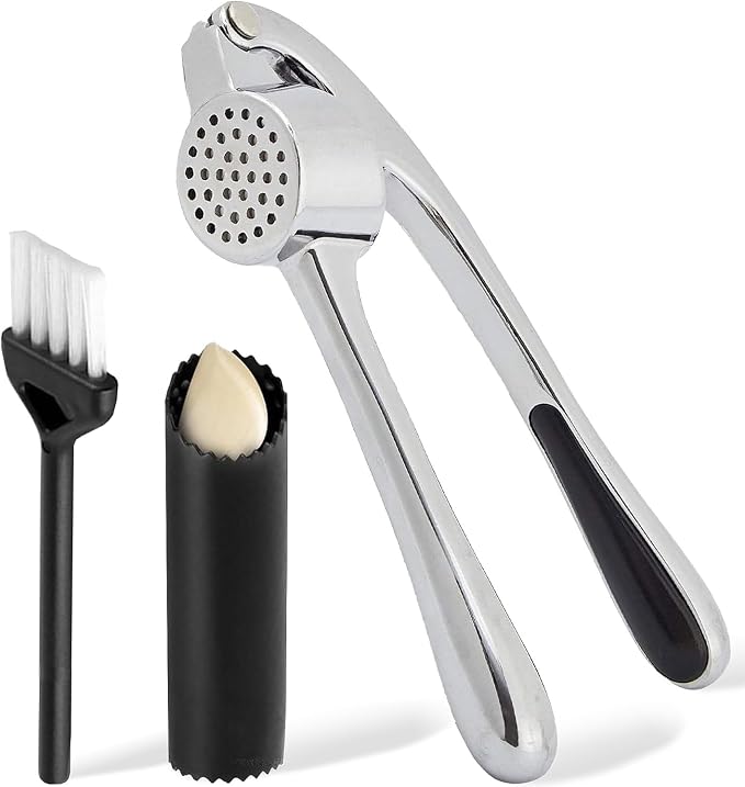 Premium Garlic Press Set - Stainless Steel Mincer Crusher Grater Tool with Silicone Peeler and Brush - Dishwasher Safe Metal Presser Grinder Smasher Masher Squeezer Shredder for Ginger, Butter, Herb