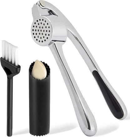 Premium Garlic Press Set - Stainless Steel Mincer Crusher Grater Tool with Silicone Peeler and Brush - Dishwasher Safe Metal Presser Grinder Smasher Masher Squeezer Shredder for Ginger, Butter, Herb