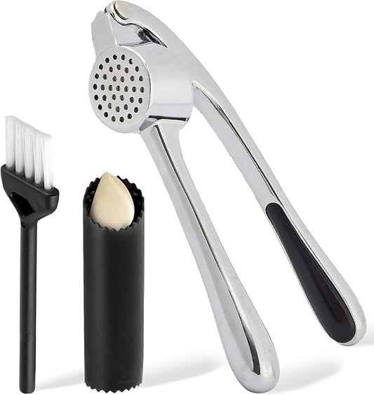 Premium Garlic Press Set - Stainless Steel Mincer Crusher Grater Tool with Silicone Peeler and Brush - Dishwasher Safe Metal Presser Grinder Smasher Masher Squeezer Shredder for Ginger, Butter, Herb