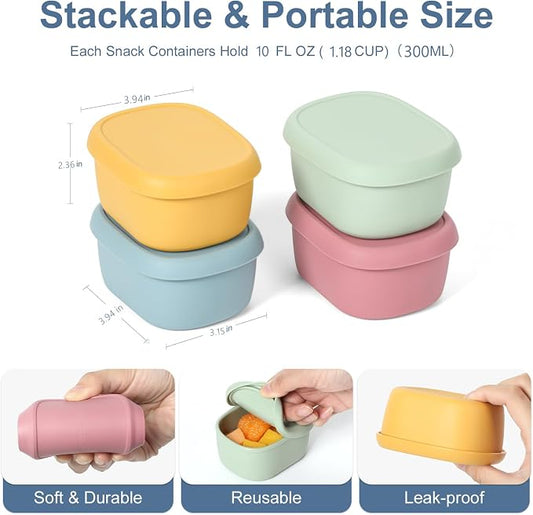 4 pcs 10 oz Silicone Snack Containers for Kids Small Food Containers with Lids, Fruit Container for Lunch, Stackable Lunch Container for Kids, Daycare, School and Travel